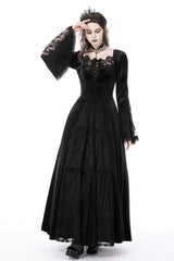 Black Long Puff Sleeves Spliced Lace Lace-Up Women's Gothic Vintage Velvet Wedding Dress - Product - 6