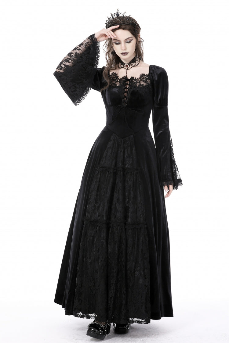 Black Long Puff Sleeves Spliced Lace Lace-Up Women's Gothic Vintage Velvet Wedding Dress - Product - 6