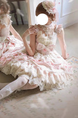 Pink [Peacock Feather] Multi-Layered Ruffle Hanayome Cardigan Bowknot Lace Sweet Lolita Jsk Dress Set - Product - 2