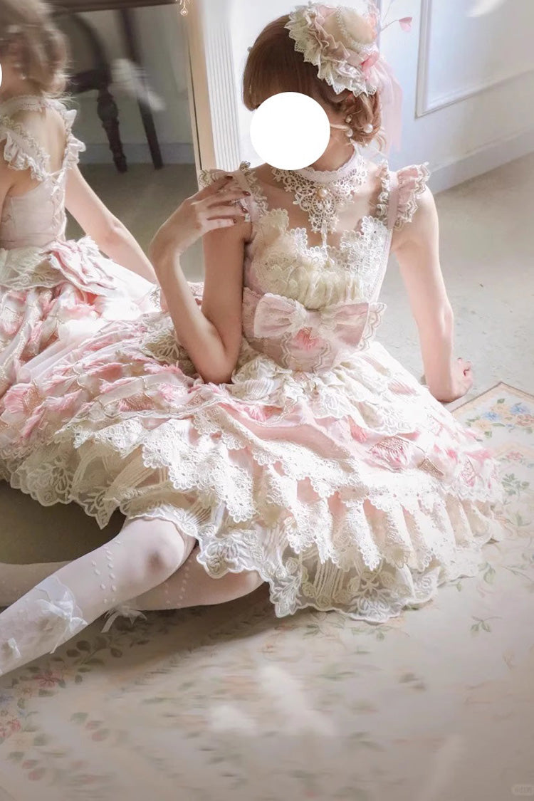 Pink [Peacock Feather] Multi-Layered Ruffle Hanayome Cardigan Bowknot Lace Sweet Lolita Jsk Dress Set - Product - 2