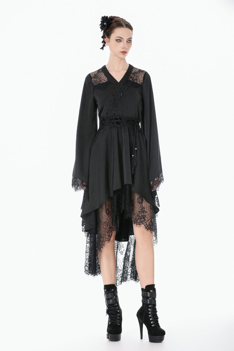 Black V Collar Long Trumpet Sleeves Lace Sheer Women's Gothic Kimono High Low Long Dress - Product - 7