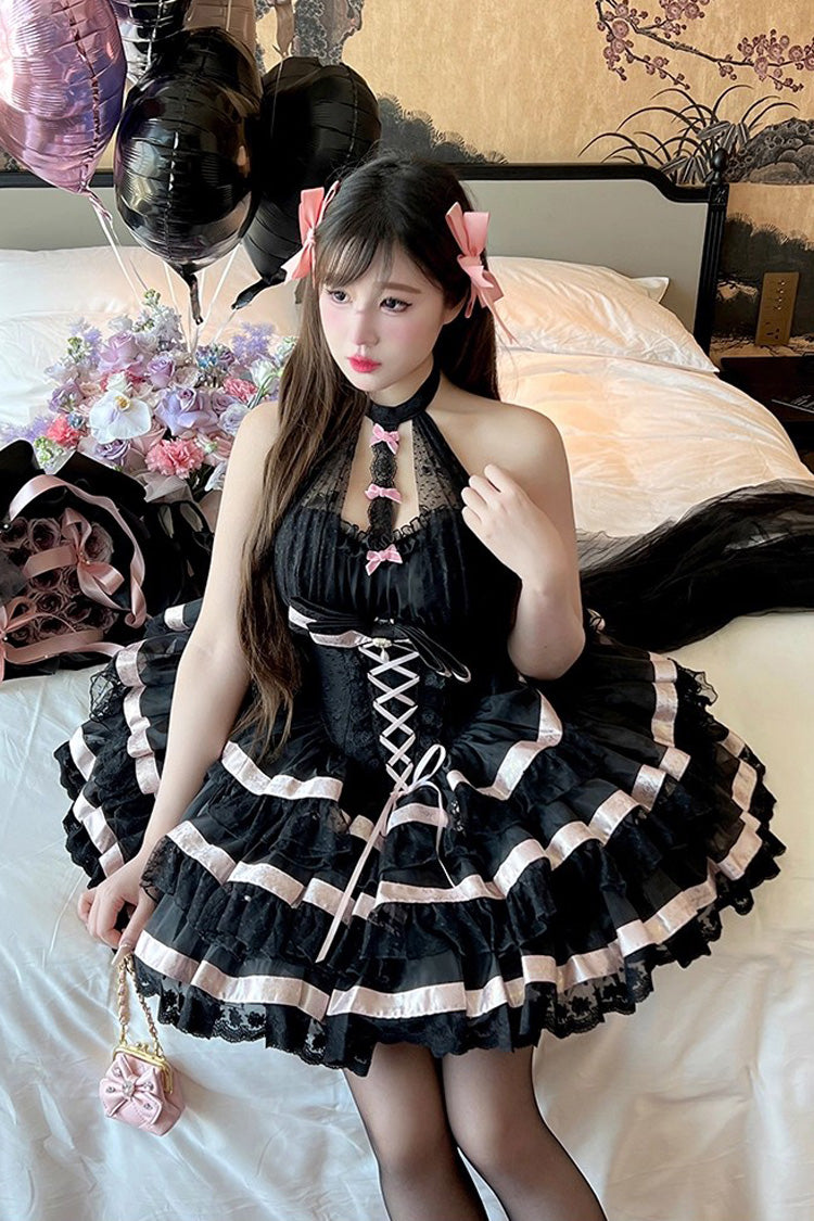 Black [Ballet Dream] Halterneck Triple-Layered Ruffle Bowknot Lace-Up Sweet Princess Lolita Dress - Product - 5