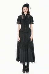 Black Stand Collar Short Puff Sleeves Sheer Lace Lace-Up Women's Gothic Blouse with Detachable Bowknot - Product - 7