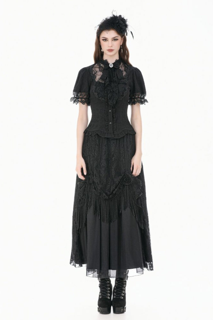 Black Stand Collar Short Puff Sleeves Sheer Lace Lace-Up Women's Gothic Blouse with Detachable Bowknot - Product - 7