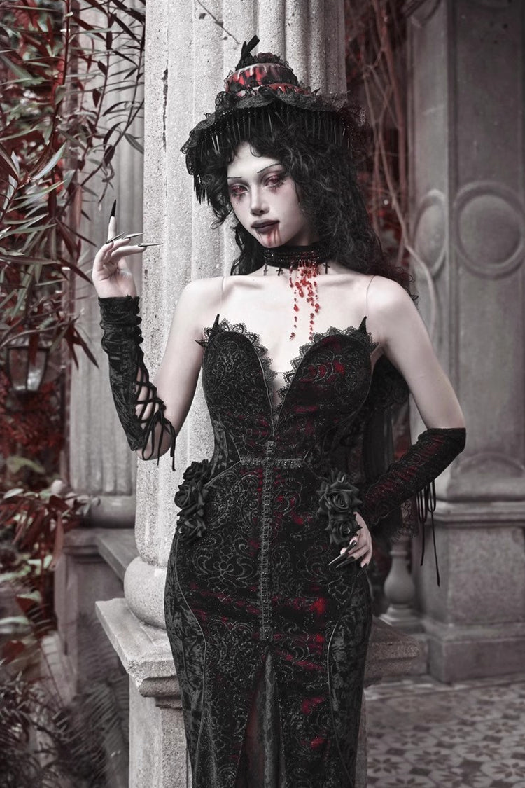 Black/Red [Scarlet Blood Peak] Sleeveless High Waisted Ruffle Embroidery Lace Gothic Lolita Fishtail Dress - Product - 6