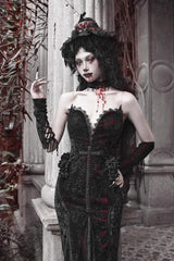 Black/Red [Scarlet Blood Peak] Sleeveless High Waisted Ruffle Embroidery Lace Gothic Lolita Fishtail Dress - Product - 6