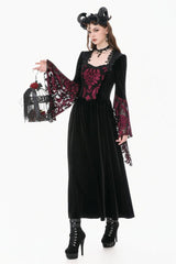 Black/Red Square Collar Long Flare Puff Sleeves Lace Women's Gothic Victorian Velvet Long Dress - Product - 10