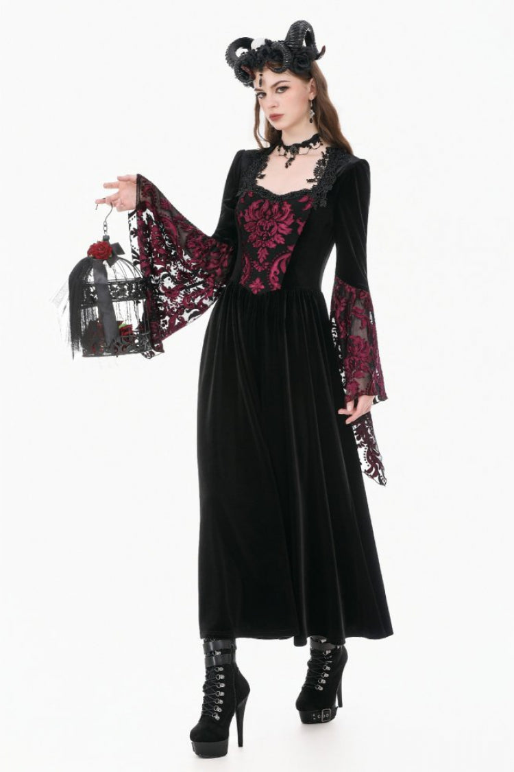 Black/Red Square Collar Long Flare Puff Sleeves Lace Women's Gothic Victorian Velvet Long Dress - Product - 10
