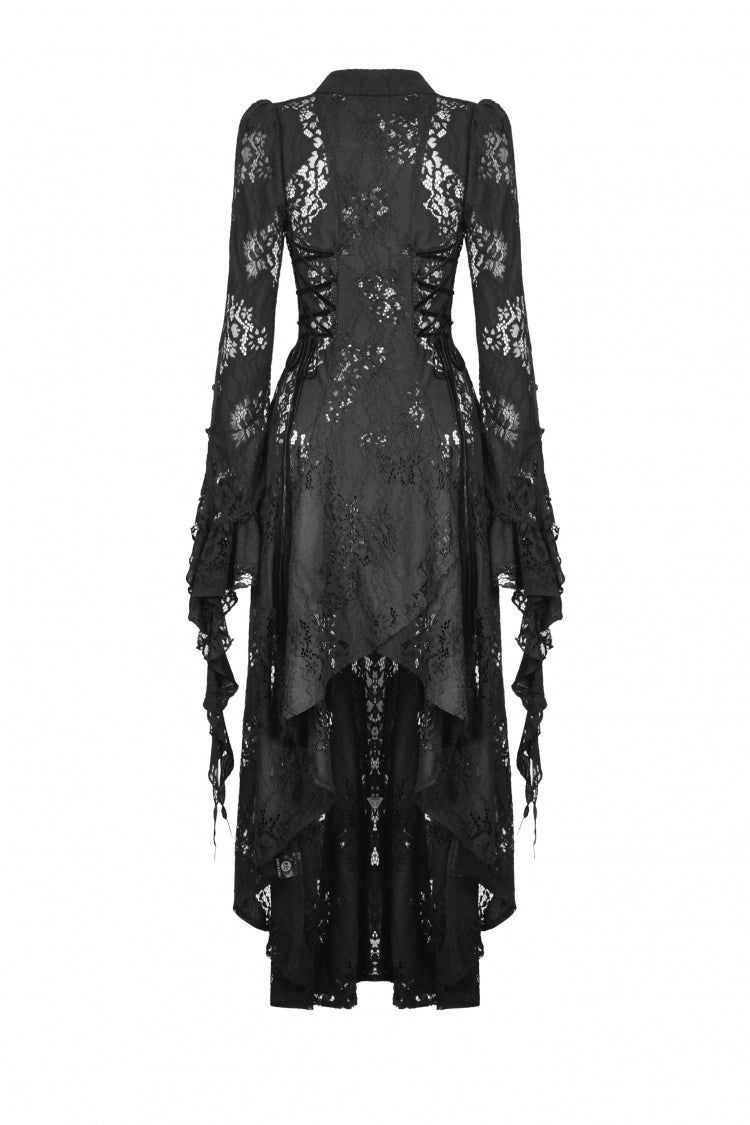 Black Lapel Collar Long Sleeves Ruffled Irregular Lace Lace-Up Women's Gothic Jacket Dress - Product - 13