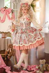 Pink/Green Bear Doll Wall Print Ruffle Embroidery Bowknot Sweet Lolita Jsk Dress - Product - 5