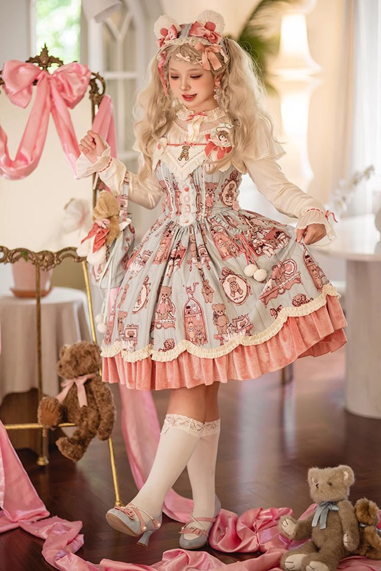 Pink/Green Bear Doll Wall Print Ruffle Embroidery Bowknot Sweet Lolita Jsk Dress - Product - 5