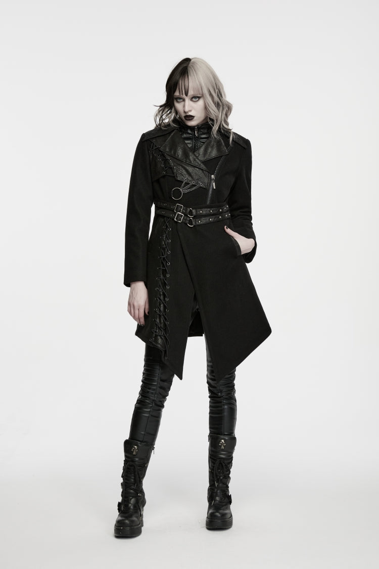 Black Lapel Collar Long Sleeves Patchwork Lace-Up Asymmetric Buckled Women's Punk Cool Coat - Product - 5