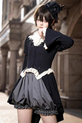Black [Eternal Night Feast] Long Sleeves Gothic Prince Handsome Ouji Lolita Tailcoat Top and Shorts Set - Product - 9