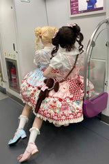 [Strawberry Cake Kitty] Sleeveless Printed Bow Lace Sweet Lolita Strap Dress 3 Colors - Product - 12