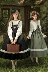 [The Oak Tree in the Wind] Square Collar Sleeveless Jacquard Embroidered Lace Classic Elegant Lolita Jsk Dress 2 Colors (Black, Green) - Product - 2