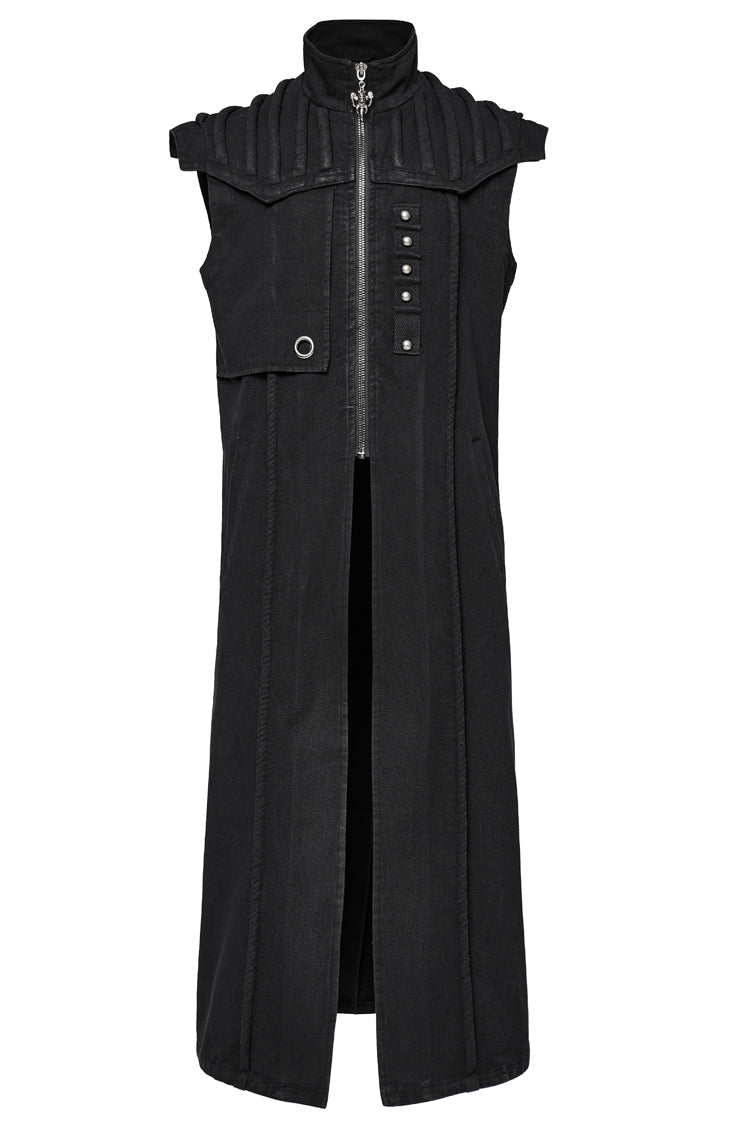 Black Stand Collar High Waisted Slim Men's Gothic Long Vest - Product - 5