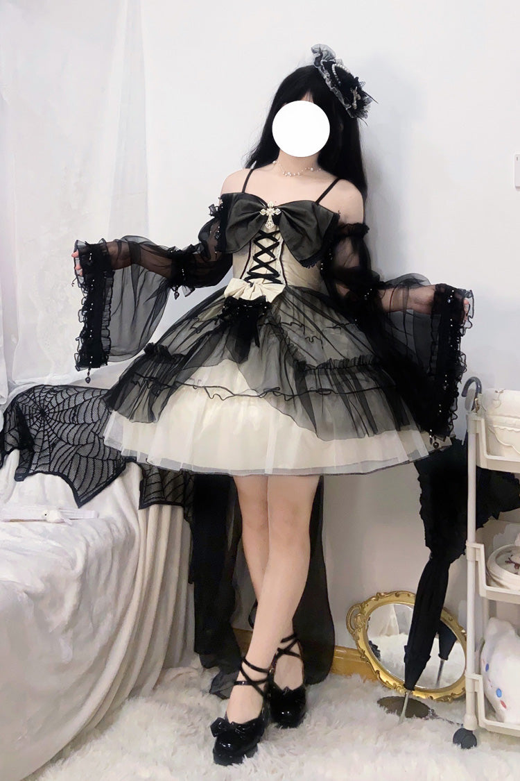 Black/White Ruffle Hanayome Lace Lace-Up Gothic Plus Size Lolita JSK Dress (Short Version) detail view 5