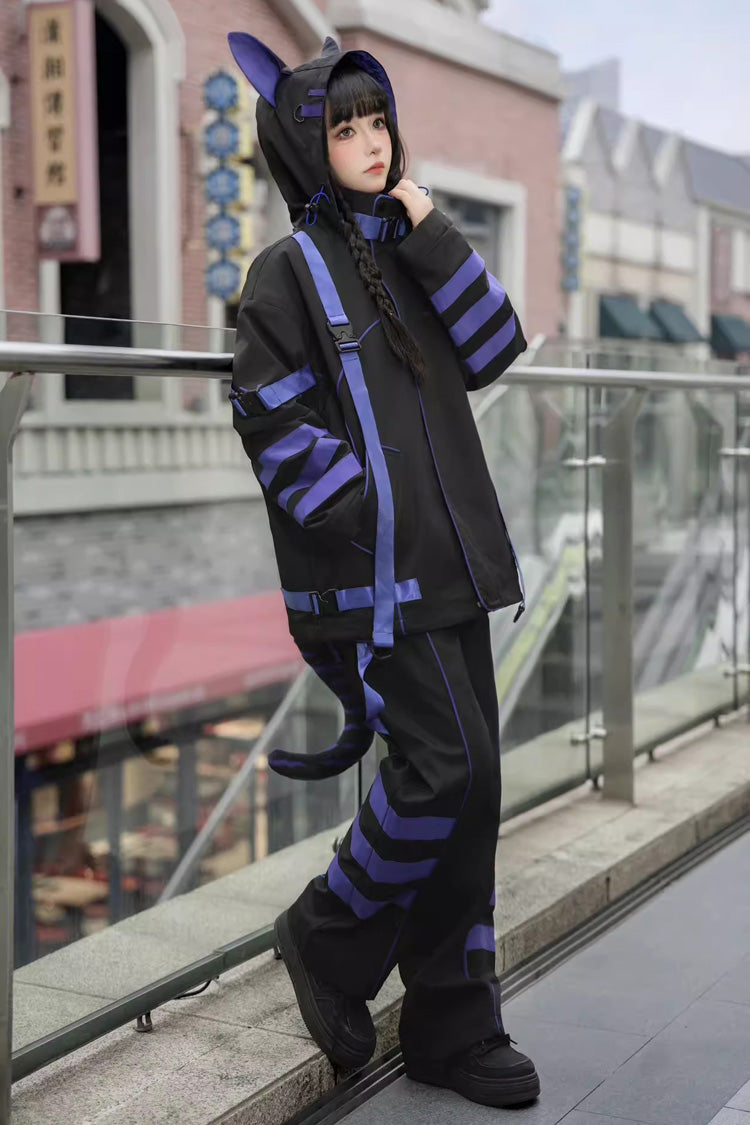 Blue/Black Long Sleeves Print Cat Ears Hooded Jirai Kei Handsome Coat - Product - 3