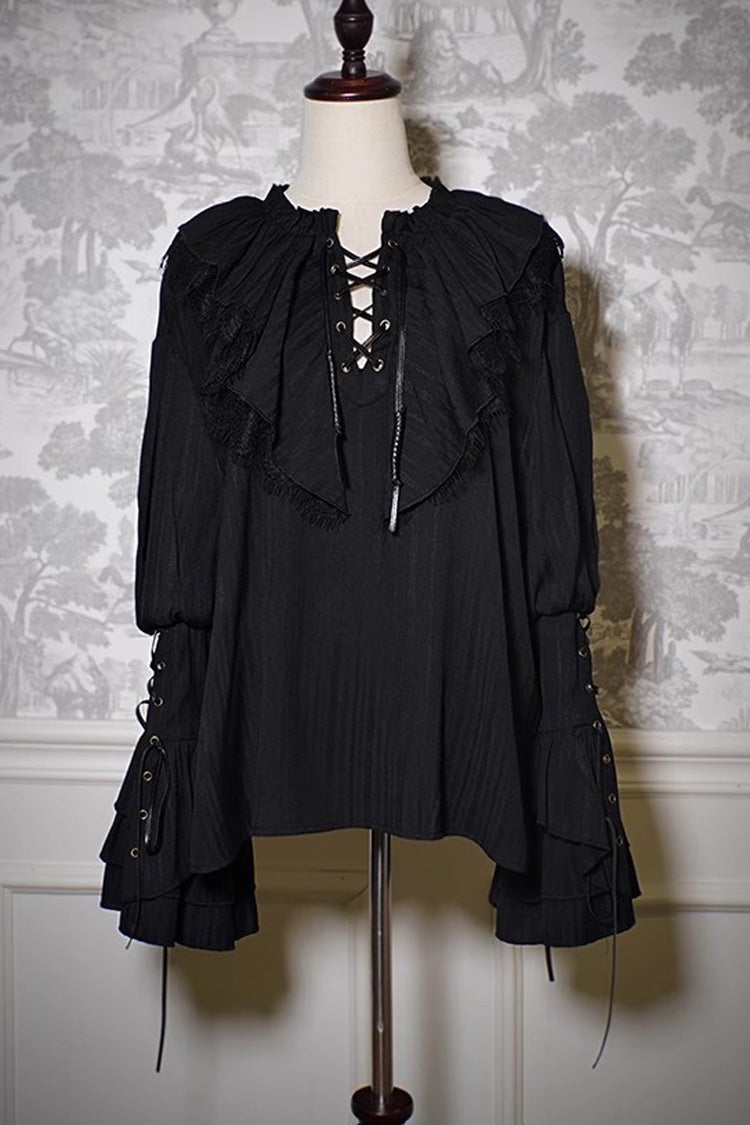 Black Pirate Series Navigation Treasure Hunting Guide V Collar Long Hime Sleeves Ouji Lolita Blouse - Black - 1