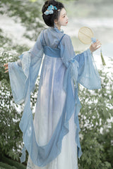 Blue [Princess Of The Sea] Hime Sleeves High Waisted Embroidered Women's Sweet Hanfu Dress Set - Product - 5