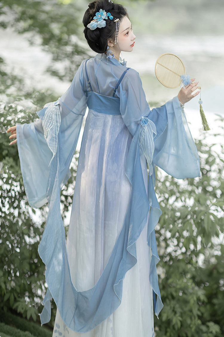 Blue [Princess Of The Sea] Hime Sleeves High Waisted Embroidered Women's Sweet Hanfu Dress Set - Product - 5