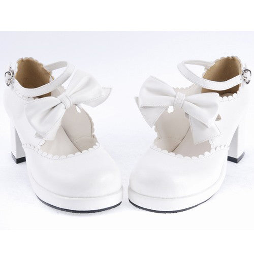 White PU Round Toe Ankle Straps Bow Decoration Platform Sweet Lolita Shoes - Product - 2