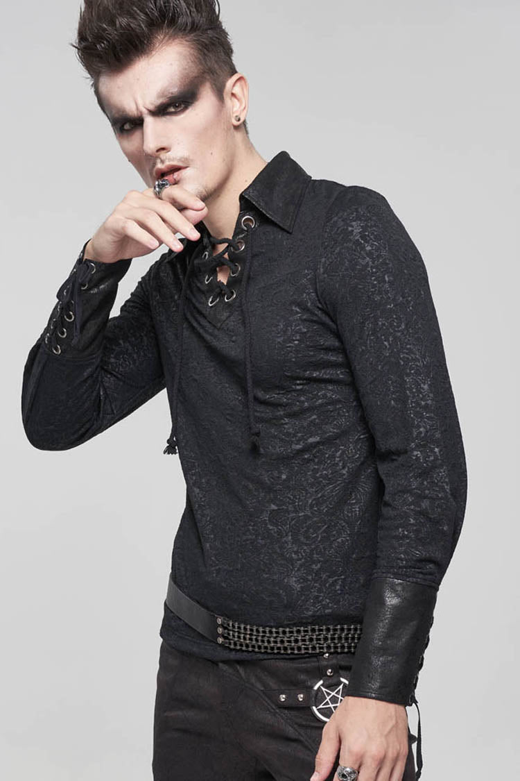 Black Gothic Pattern Decoration Tie Rope Design Knitted Elasticity Pullover Men's Shirt - Product - 4