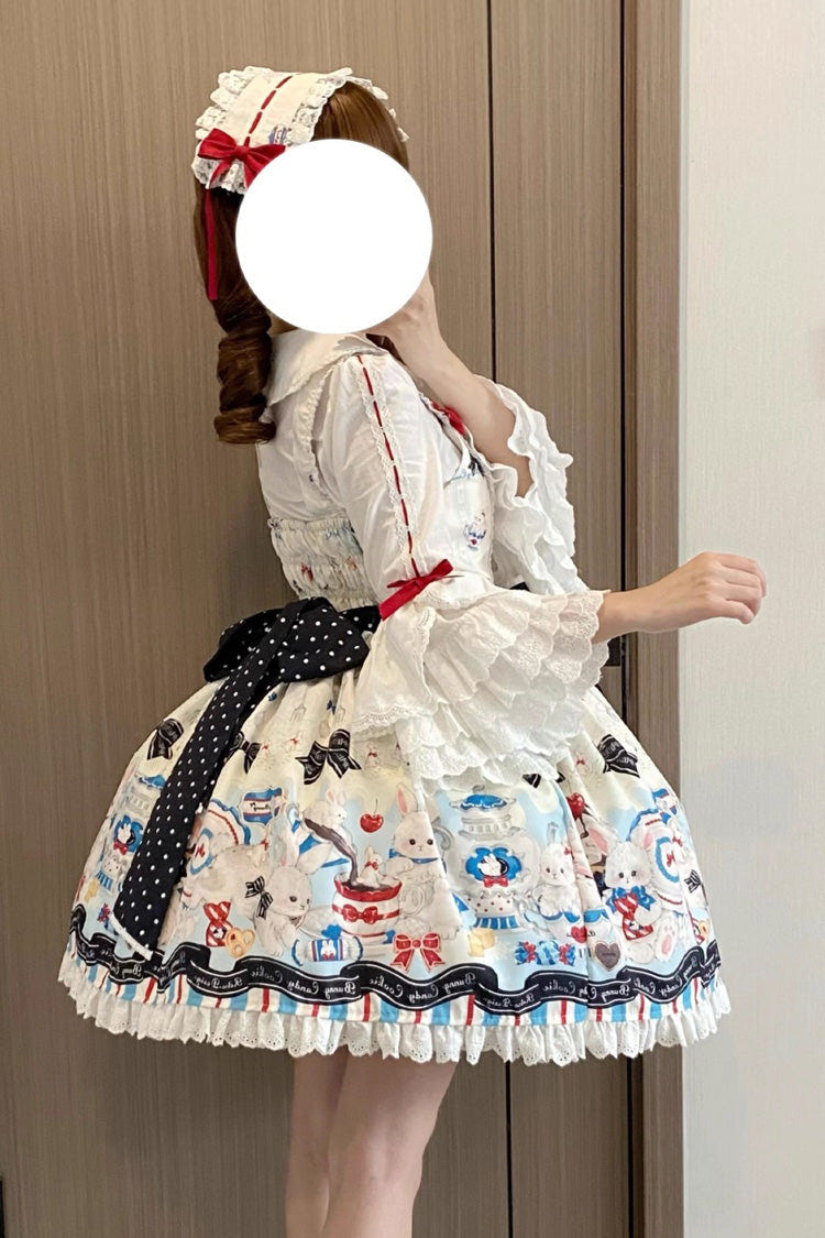 Beige [Mystery Rabbit Tea Party] Sleeveless Print Ruffle Bowknot Lace Sweet Lolita Jsk Dress - Product - 5