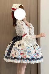 Beige [Mystery Rabbit Tea Party] Sleeveless Print Ruffle Bowknot Lace Sweet Lolita Jsk Dress - Product - 5