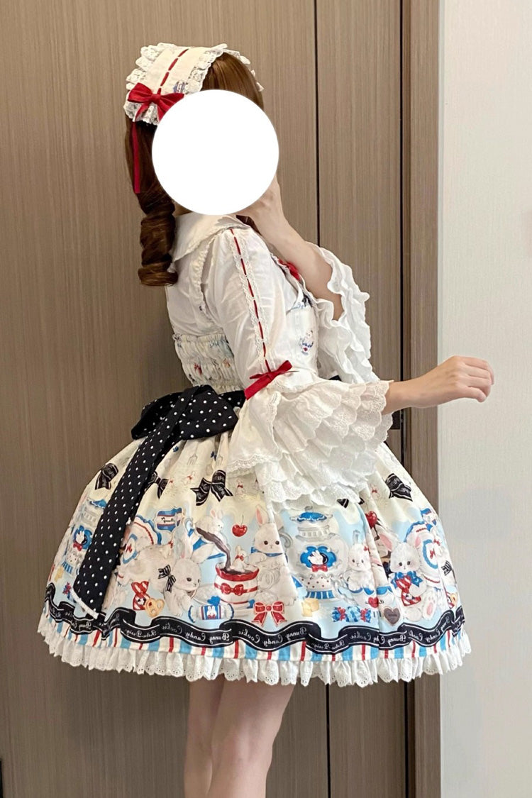 Beige [Mystery Rabbit Tea Party] Sleeveless Print Ruffle Bowknot Lace Sweet Lolita Jsk Dress - Product - 5