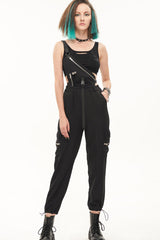 Black Punk Casual Single Shoulder Multiple Pockets Skull Head Decoration Strap Women's Pants - Product - 3