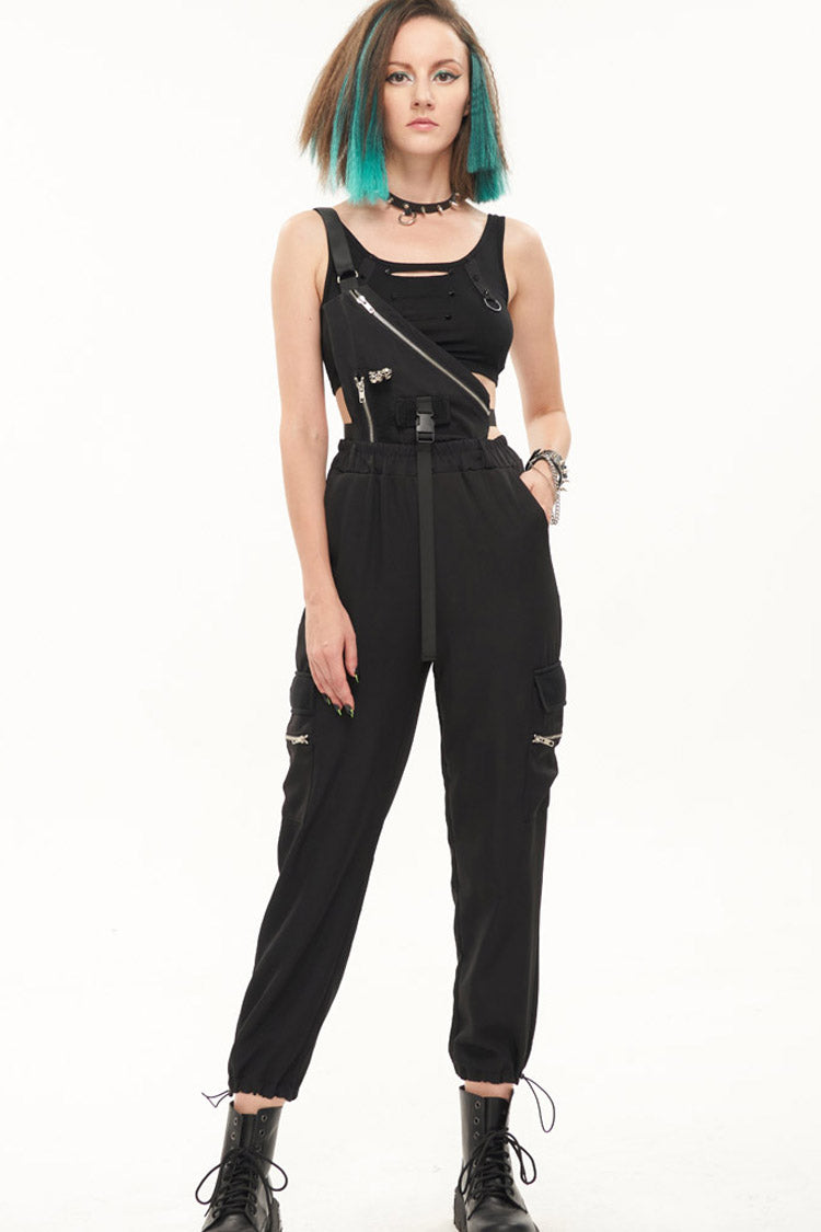Black Punk Casual Single Shoulder Multiple Pockets Skull Head Decoration Strap Women's Pants - Product - 3