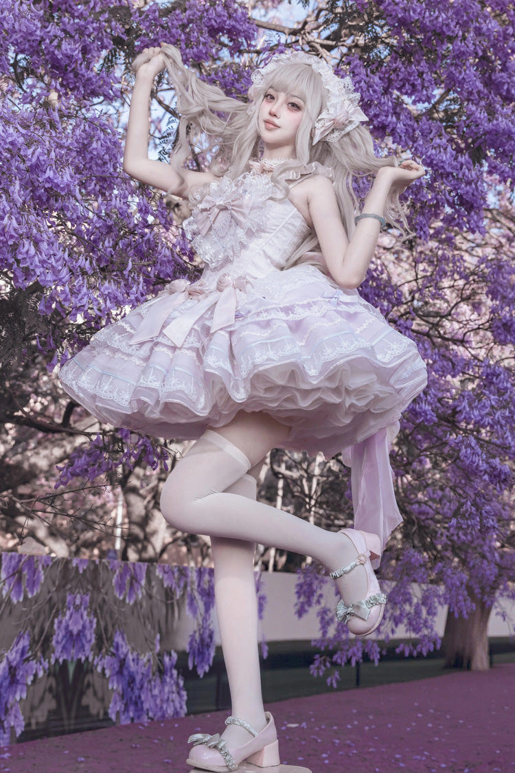 Purple [Crystal Isle] Square Collar Sleeveless Multi-Layered Jacquard Ruffled Bow Sweet Balletcore Lolita Tiered Dress - Product - 2