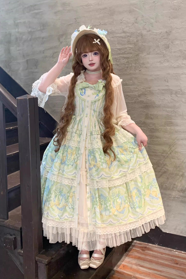 Ivory/Green [Lily of the Valley Perfume] Pearl Candy Tea Doll Collar Sleeveless Printed Lace Plus Size Sweet Lolita Jsk Dress - Product - 2
