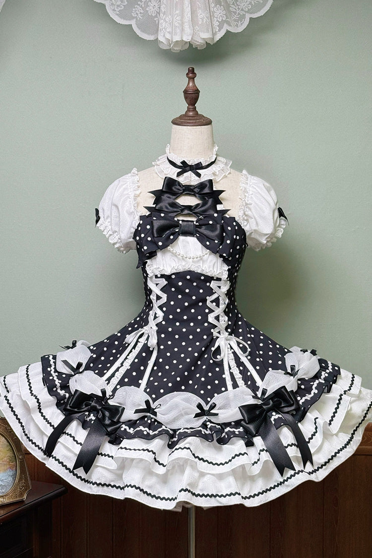 Black/White Halterneck Short Sleeves Triple-Layered Polka Dot Printed Bow Lace-Up Sweet Lolita Dress - Black - 1