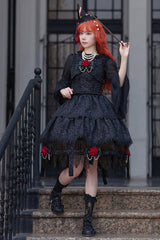 Black [Apprentice Witch] Double-Layered Ruffle Lace Gothic Lolita Skirt - Product - 7