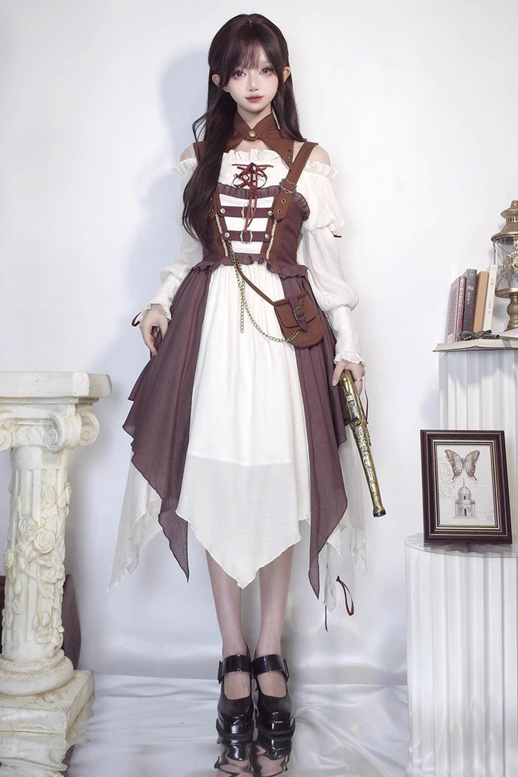 White/Brown Pirate's Guide Irregular Punk Lolita Jsk Dress - Product - 5