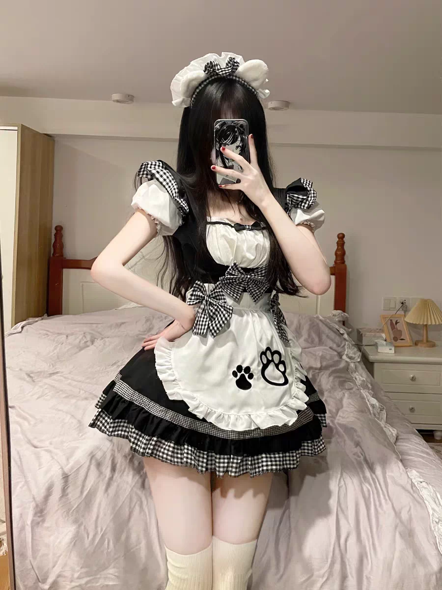 Black and Pink Ruffled Maid Lolita Dress with Paw Print Apron Accent - view 8