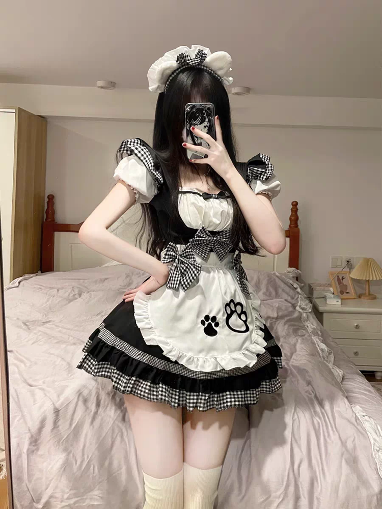 Black and Pink Ruffled Maid Lolita Dress with Paw Print Apron Accent - view 8