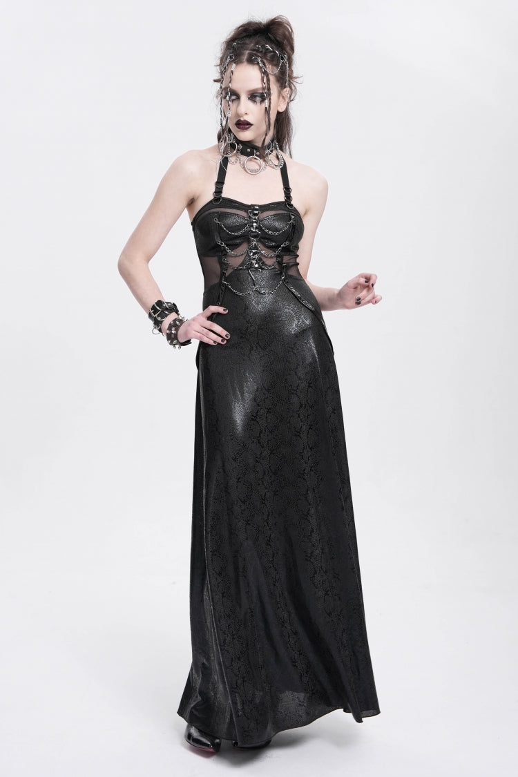 Black Halterneck Stitching Mesh Chained Women's Punk Dress - Product - 8