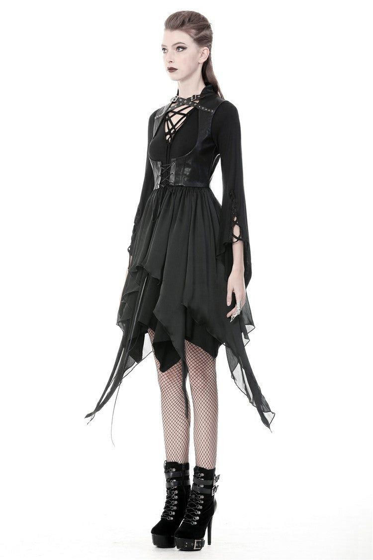 Black Chiffon Sleeveless Cut-Out Chest Irregular Hem Lace-Up Buckled Women's Punk Jacket - Product - 2