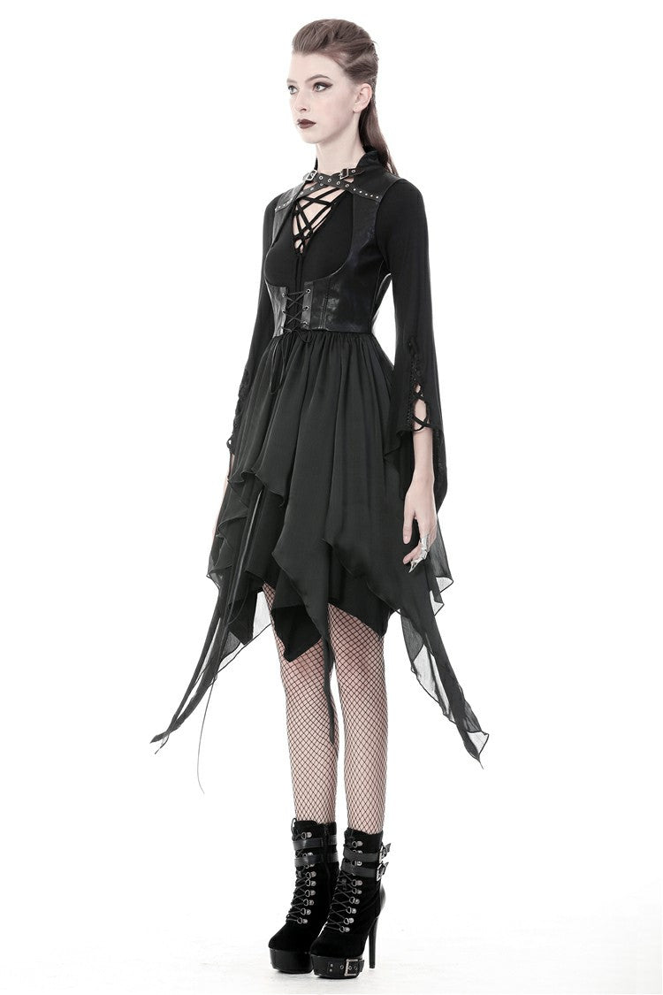 Black Chiffon Sleeveless Cut-Out Chest Irregular Hem Lace-Up Buckled Women's Punk Jacket - Product - 2