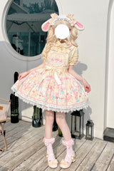 Yellow Sheep's Party Print Bowknot Stitching Lace Sweet Lolita Strap Dress - Yellow - 1