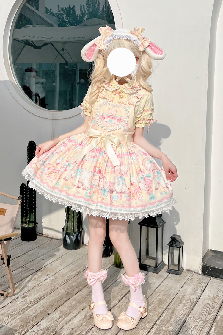 Yellow Sheep's Party Print Bowknot Stitching Lace Sweet Lolita Strap Dress - Yellow - 1