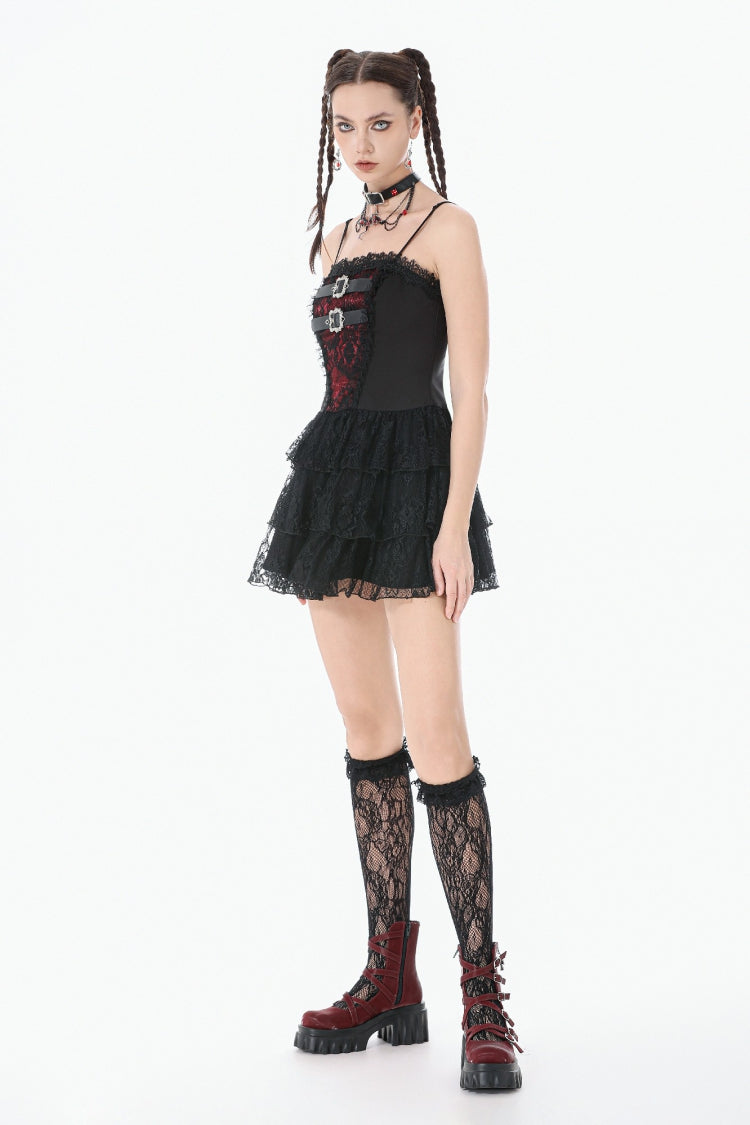 Black/Red Sleeveless Multi-Layered Lace Lace-Up Women's Grunge Cake Slip Dress Graduation Dress - Product - 10