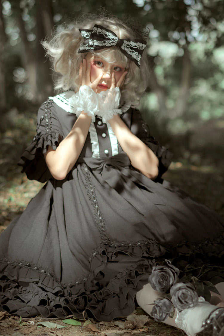 Black Short Sleeves High Waisted Bowknot Ruffled Multi-Layer Gothic Lolita Op Dress - Product - 3