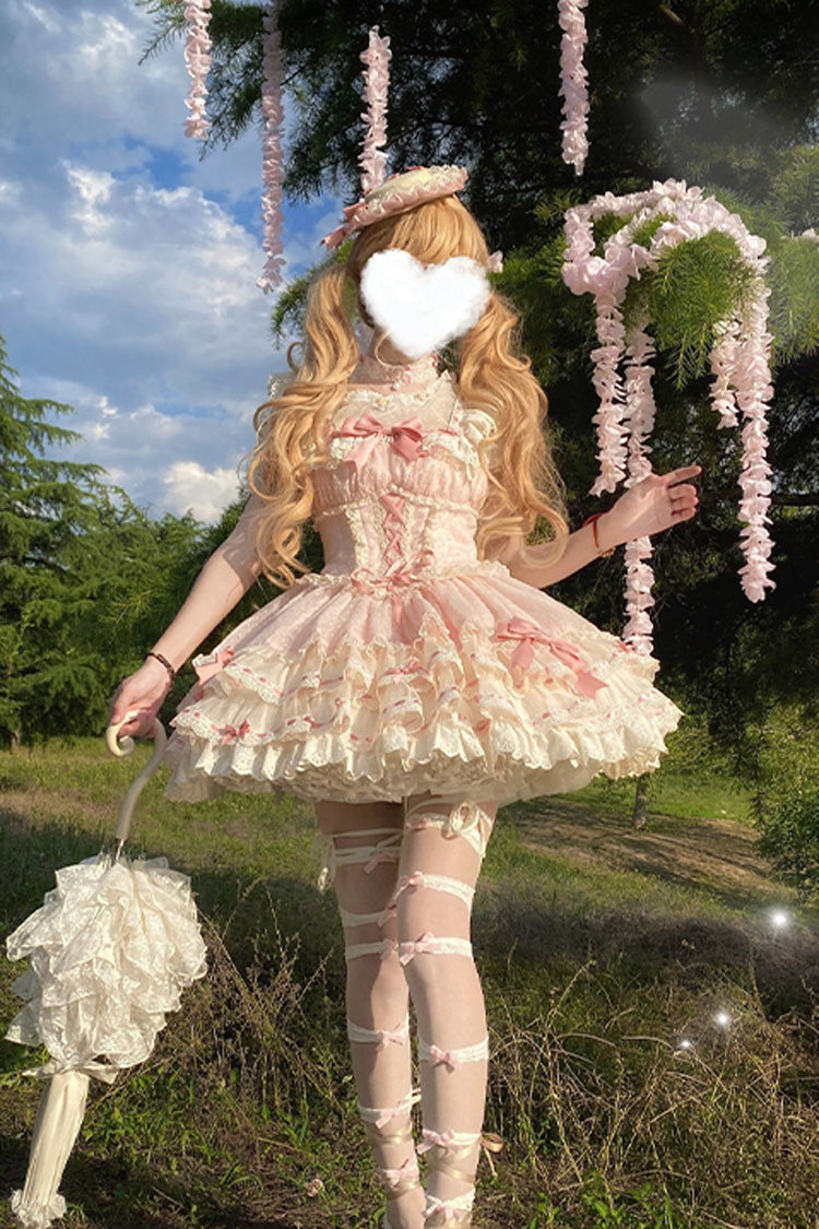 Pink [Flory Butterfly] Double-Layered Ruffle Bowknot Lace Lace-Up Sweet Ballet Lolita Jsk Dress - Product - 8