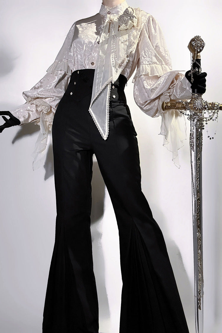 Black [The Rose and the Sword] Stand Collar Long Puff Sleeves Ruffled Embroidered Bow Classic Gothic Prince Ouji Lolita Pants Set - Product - 4