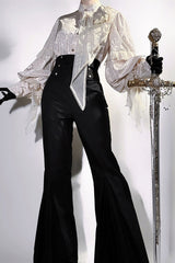 Black [The Rose and the Sword] Stand Collar Long Puff Sleeves Ruffled Embroidered Bow Classic Gothic Prince Ouji Lolita Pants Set - Product - 4