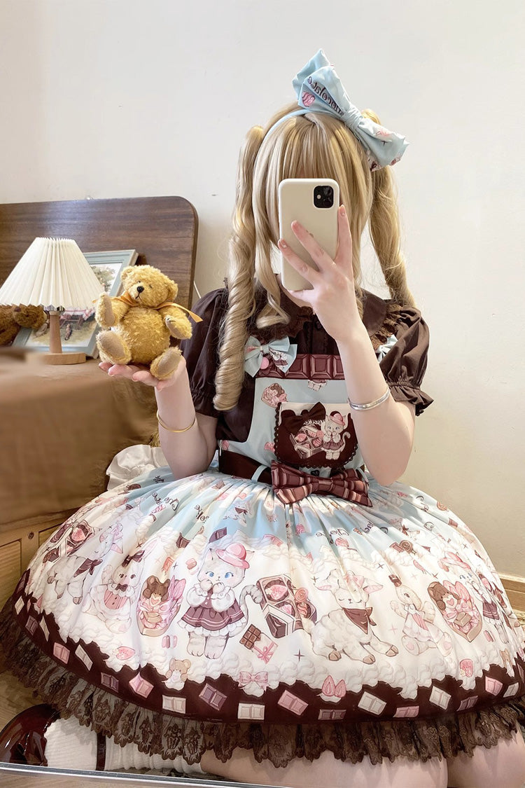 Chocolate Rosette Cat Print Bowknot Stitching Lace Sweet Lolita Jsk Dress 4 Colors - Product - 8